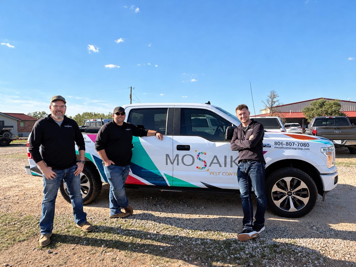 Mosaik team members standing beside a branded Mosaik Pest Control truck